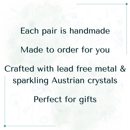 Text on a white background describing handmade jewelry with lead-free metal and Austrian crystals.