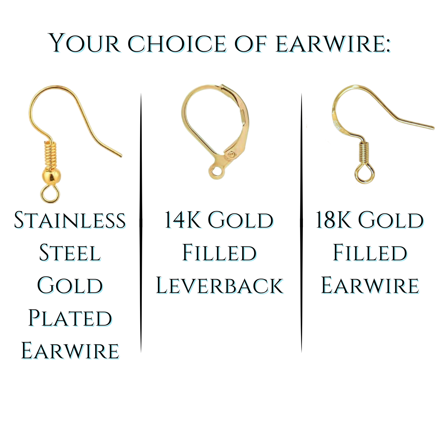 Three types of gold earwires with labels on a white background