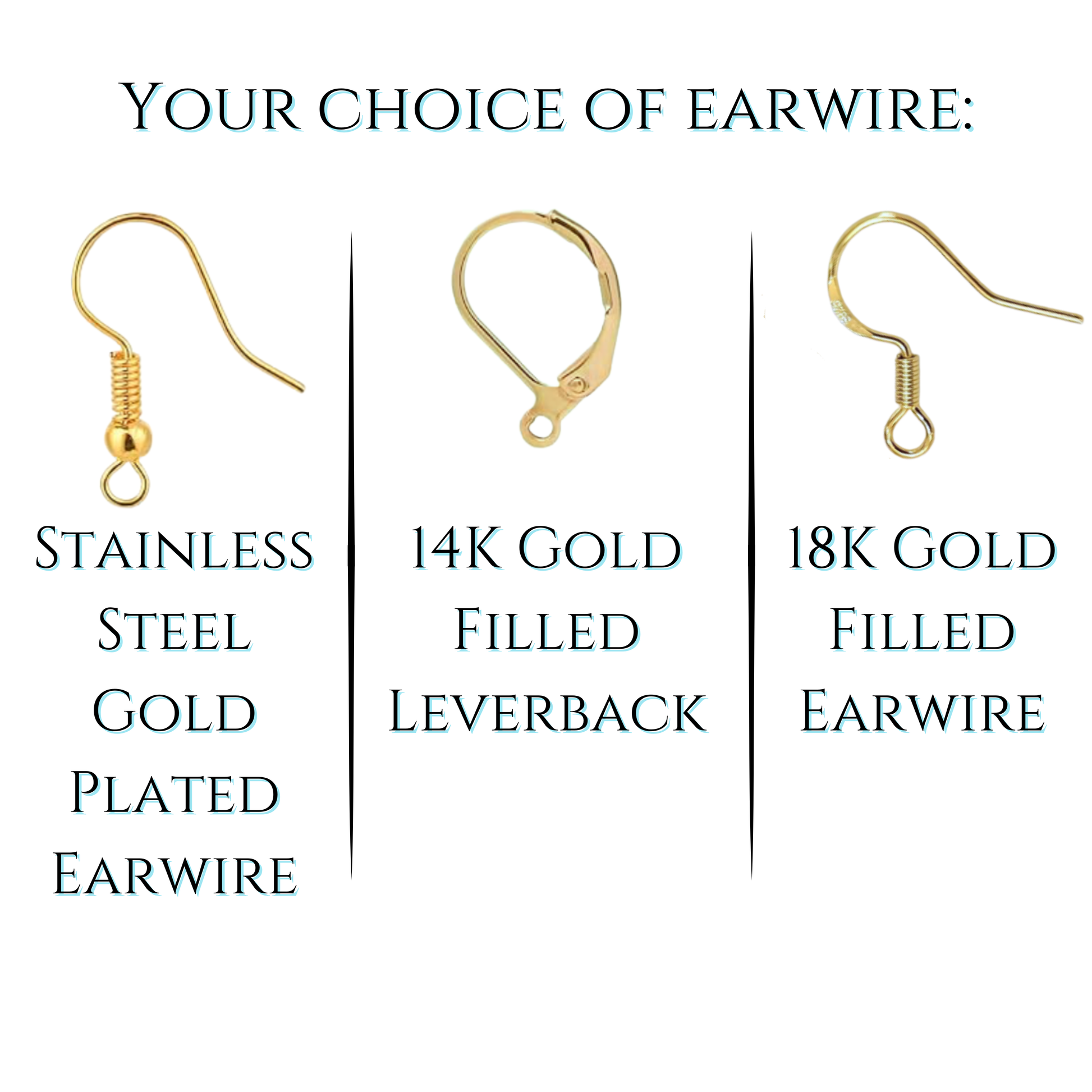Three types of gold earwires with labels on a white background