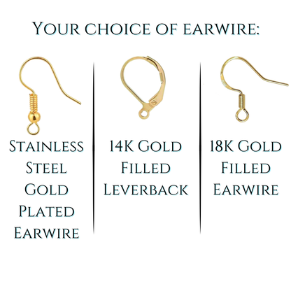 Three types of gold earwires with labels on a white background