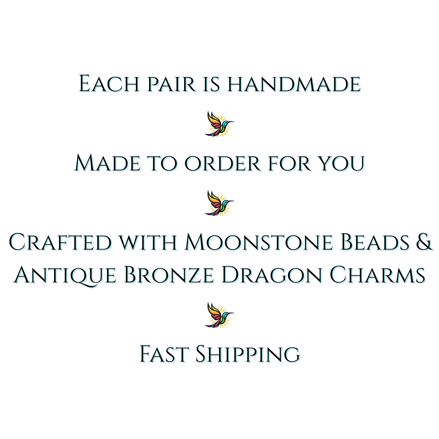 Text on a white background describing handmade jewelry with moonstone beads and dragon charms.