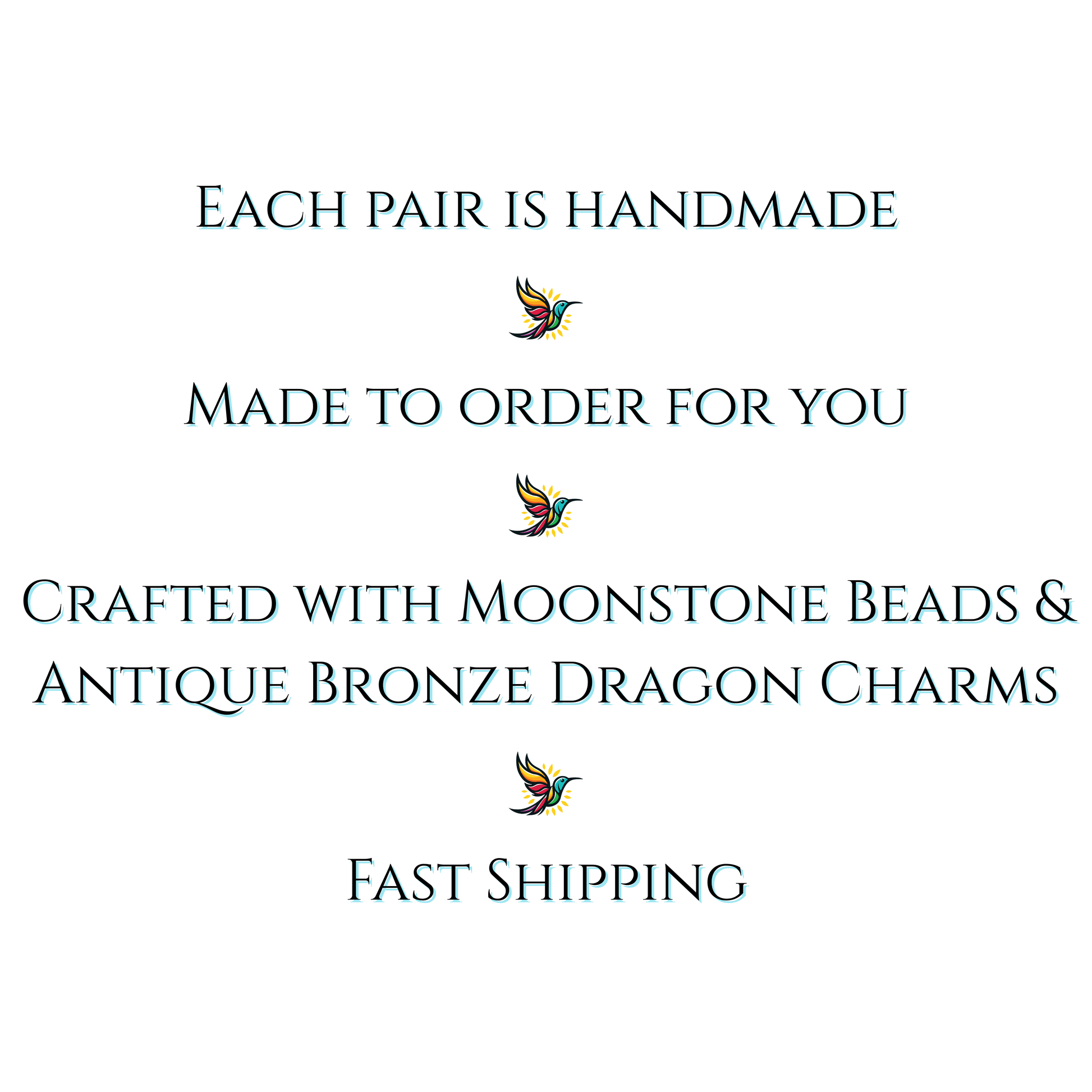 Text on a white background describing handmade jewelry with moonstone beads and dragon charms.