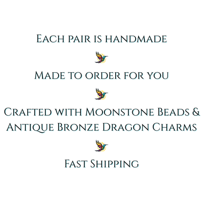 Text on a white background describing handmade jewelry with moonstone beads and dragon charms.