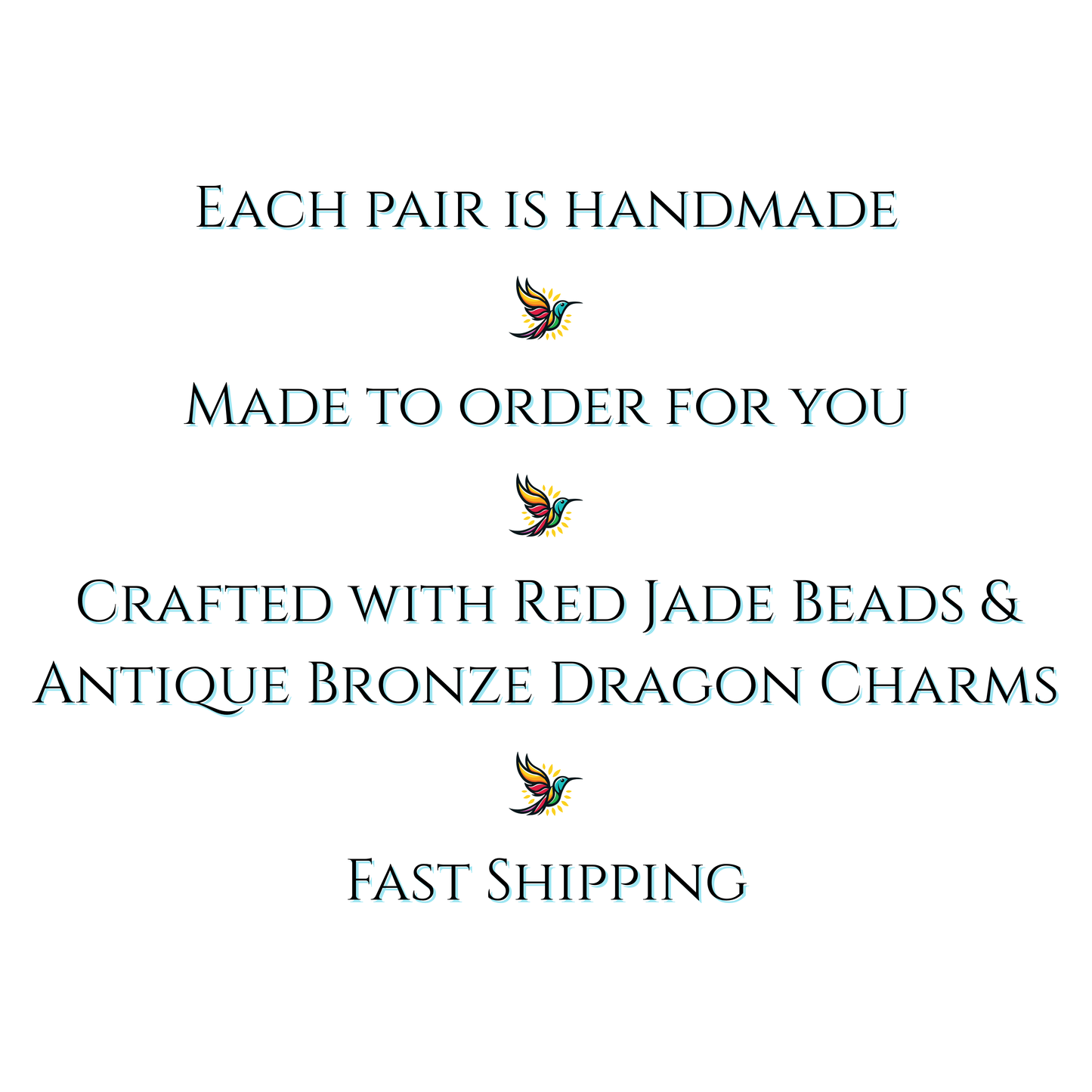 Text on a white background describing handmade jewelry with red jade beads and antique bronze dragon charms, featuring a small dragon icon.