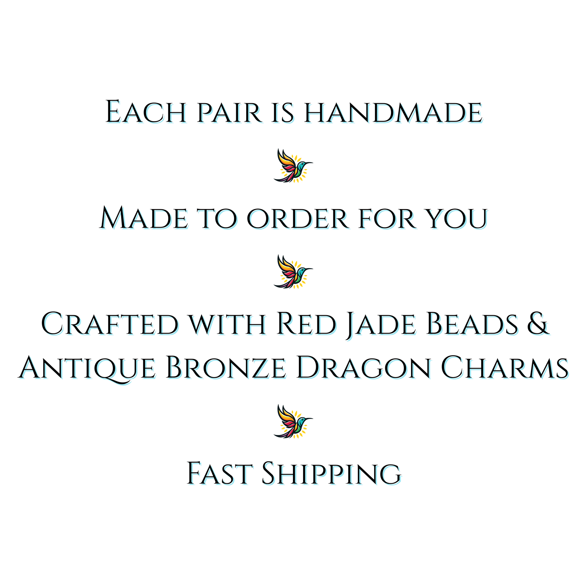 Text on a white background describing handmade jewelry with red jade beads and antique bronze dragon charms, featuring a small dragon icon.