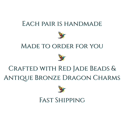 Text on a white background describing handmade jewelry with red jade beads and antique bronze dragon charms, featuring a small dragon icon.