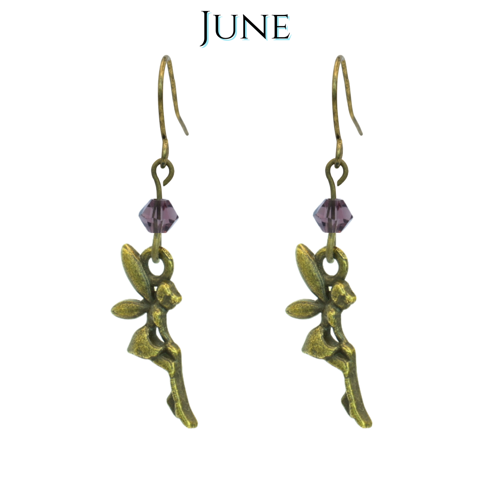 Pair of green fairy earrings with purple beads on a white background, labeled 'June'.