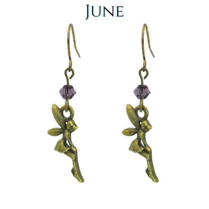 Pair of green fairy earrings with purple beads on a white background, labeled 'June'.