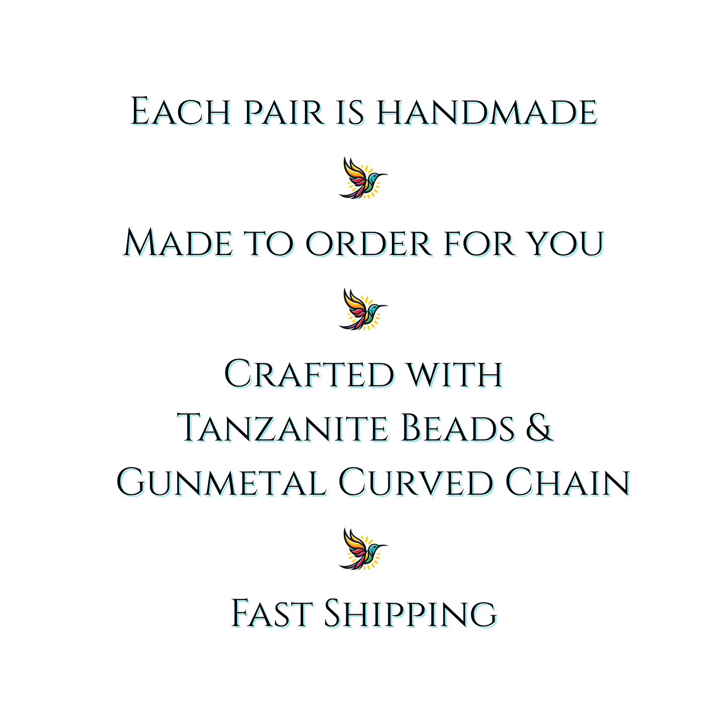 Text on a white background about handmade jewelry with Tanzanite beads and gunmetal curved chain, featuring a brand logo.