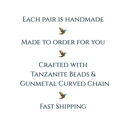 Text on a white background about handmade jewelry with Tanzanite beads and gunmetal curved chain, featuring a brand logo.