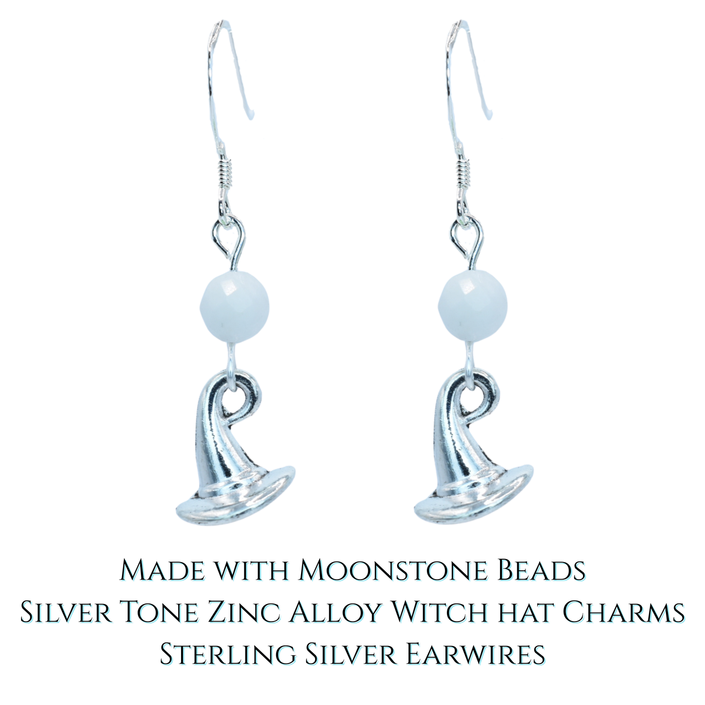 Silver tone witch hat earrings with moonstone beads on a white background
