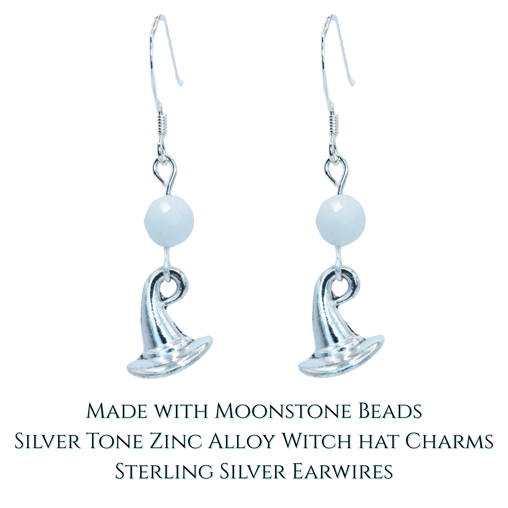 Silver tone witch hat earrings with moonstone beads on a white background