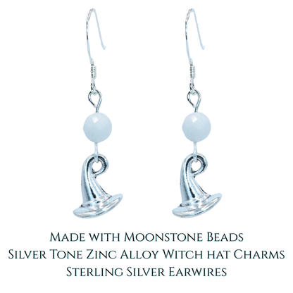 Silver tone witch hat earrings with moonstone beads on a white background