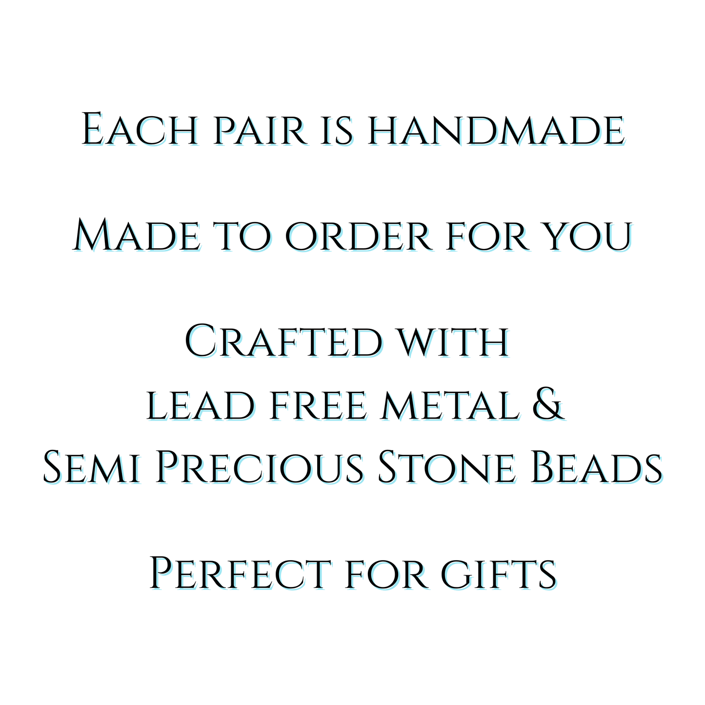 Text on a white background about handmade jewelry with lead-free metal and semi-precious stones.
