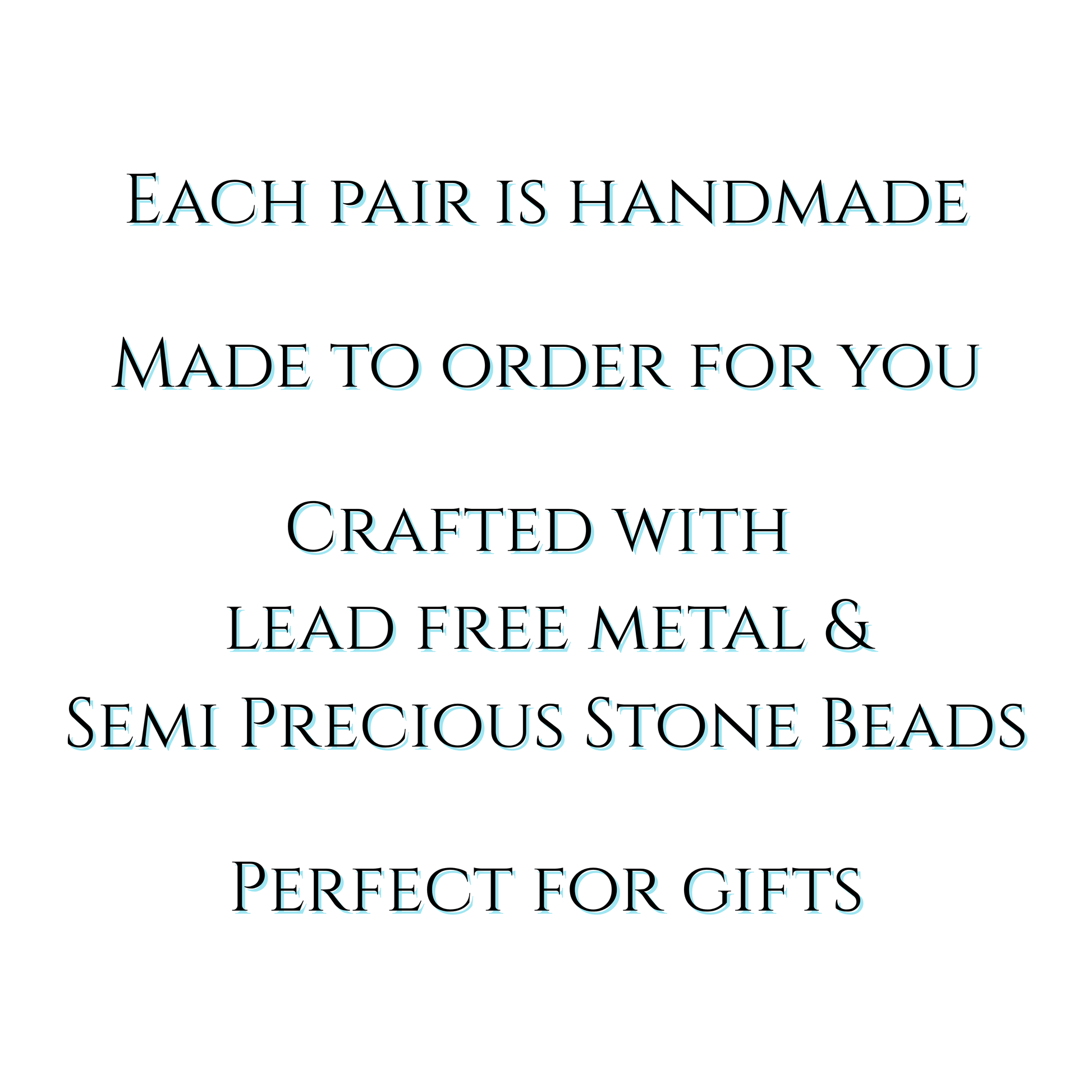 Text on a white background about handmade jewelry with lead-free metal and semi-precious stones.