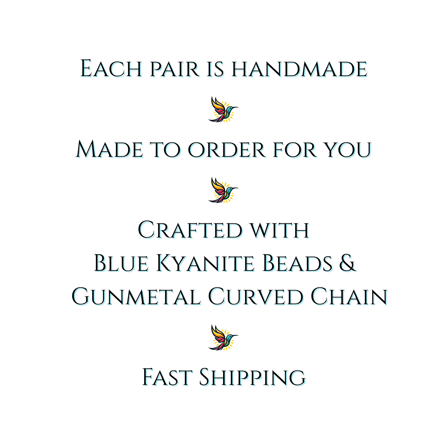 Text on a white background about handmade jewelry with blue kyanite beads and gunmetal curved chain, featuring a brand logo.