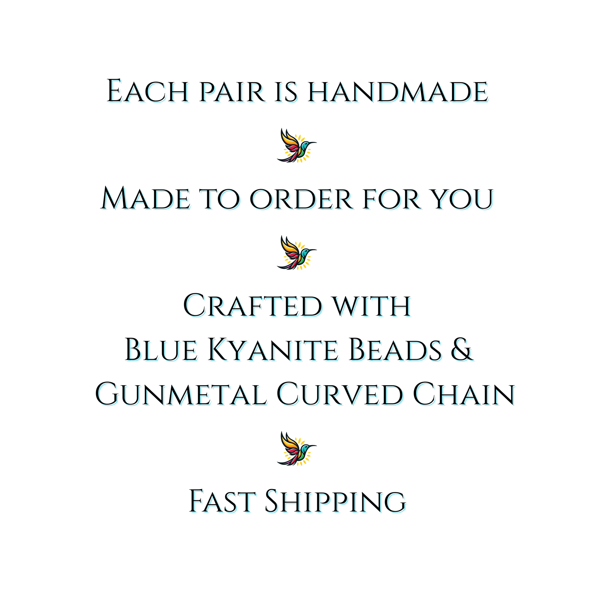 Text on a white background about handmade jewelry with blue kyanite beads and gunmetal curved chain, featuring a brand logo.