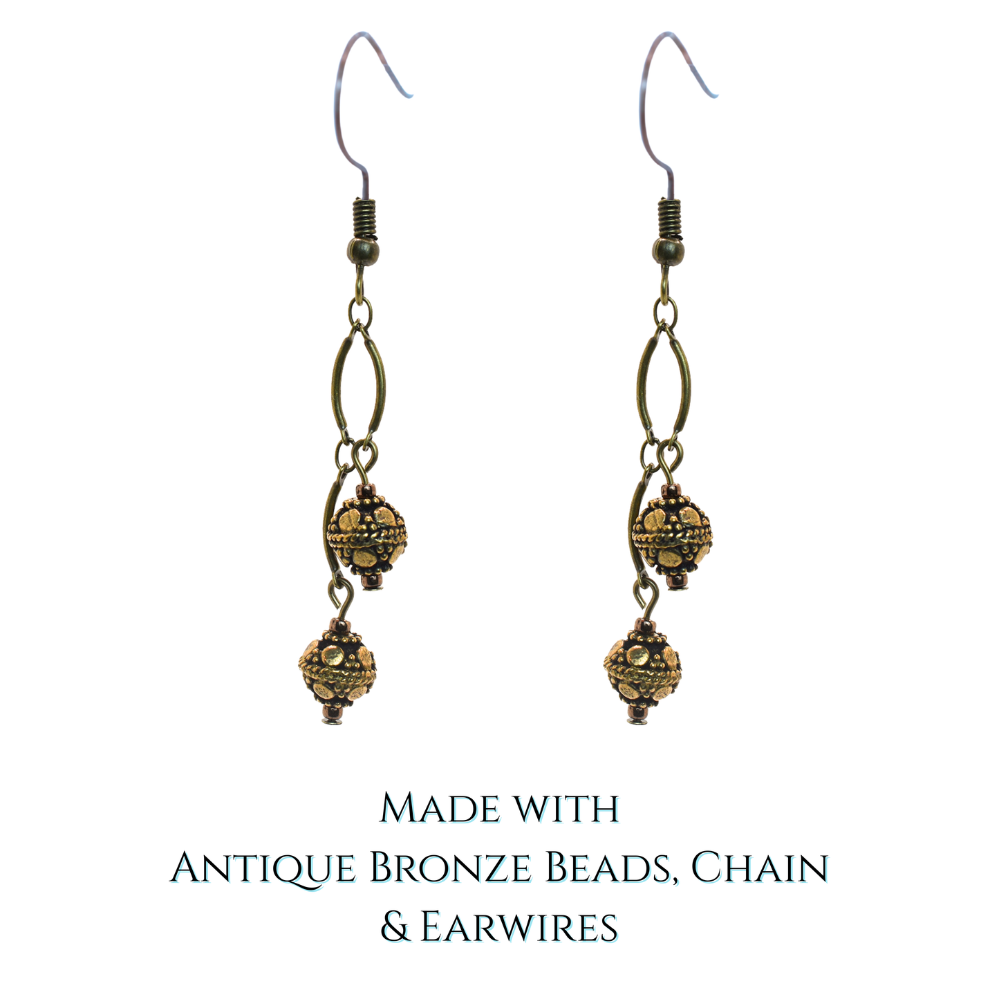 Pair of bronze beaded earrings on a white background with text indicating materials used.