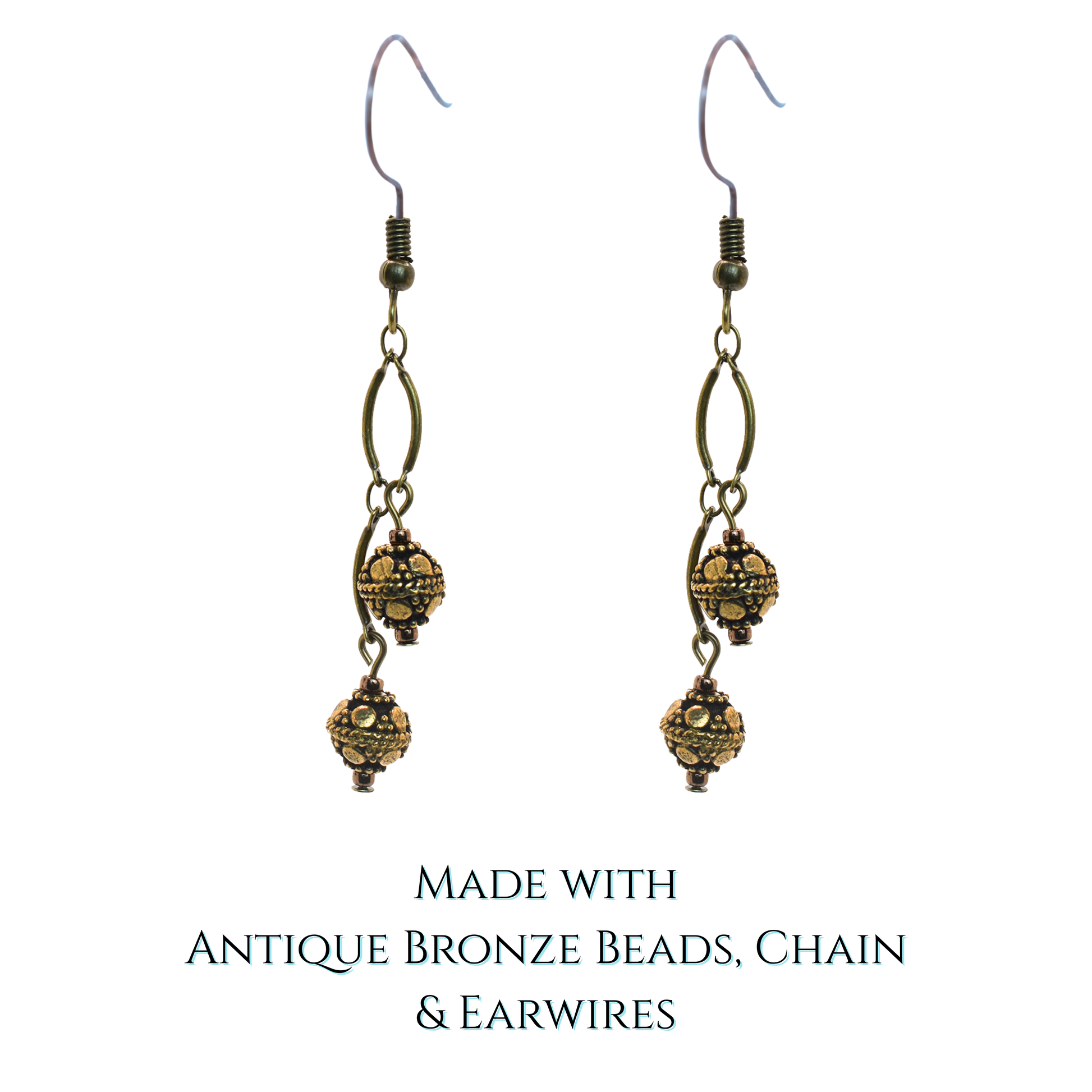 Pair of bronze beaded earrings on a white background with text indicating materials used.