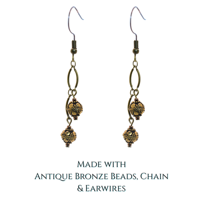 Pair of bronze beaded earrings on a white background with text indicating materials used.