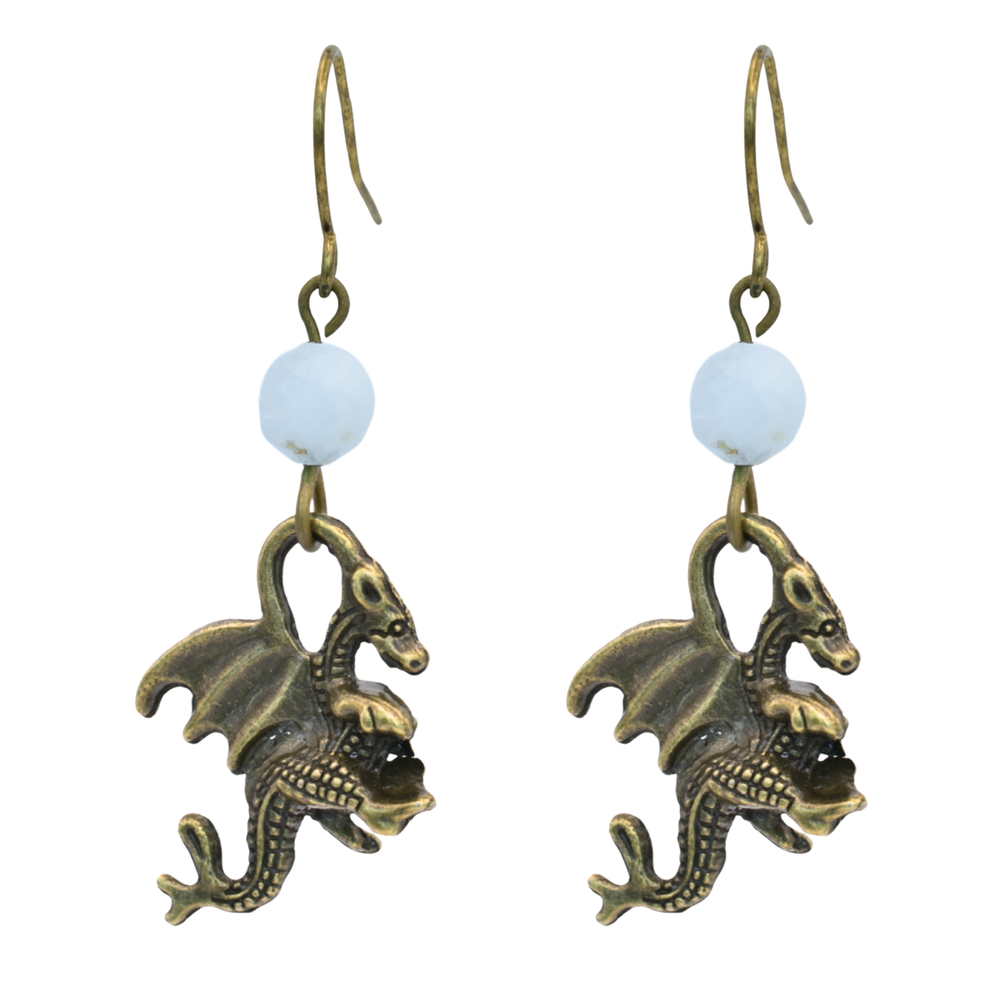 Dragon-shaped earrings with white moonstone beads on a white background