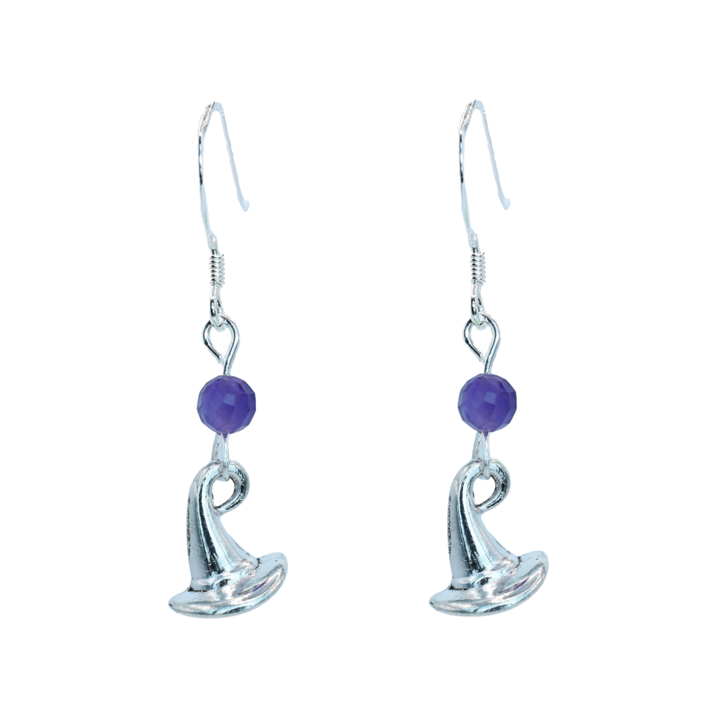 Silver earrings with purple amethyst beads and wizard hat charms on a white background