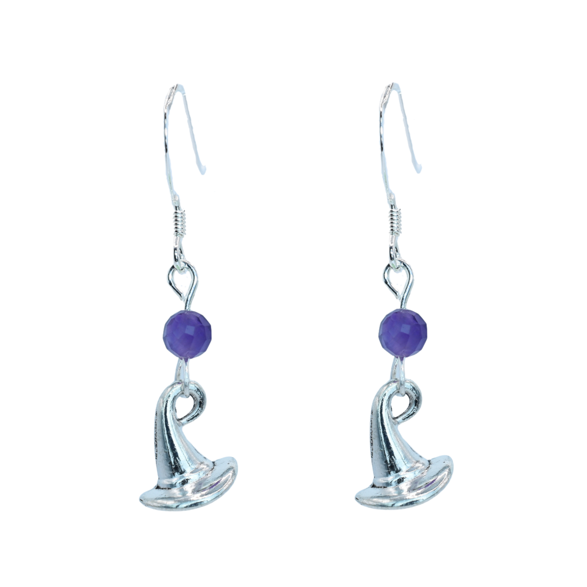 Silver earrings with purple amethyst beads and wizard hat charms on a white background