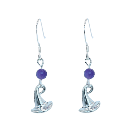 Silver earrings with purple amethyst beads and wizard hat charms on a white background