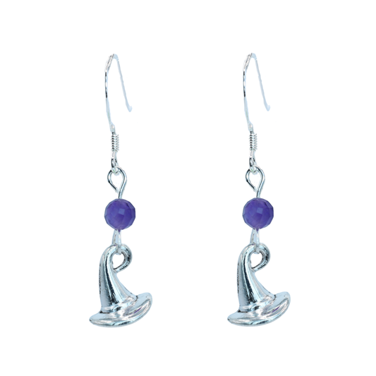 Silver earrings with purple amethyst beads and wizard hat charms on a white background
