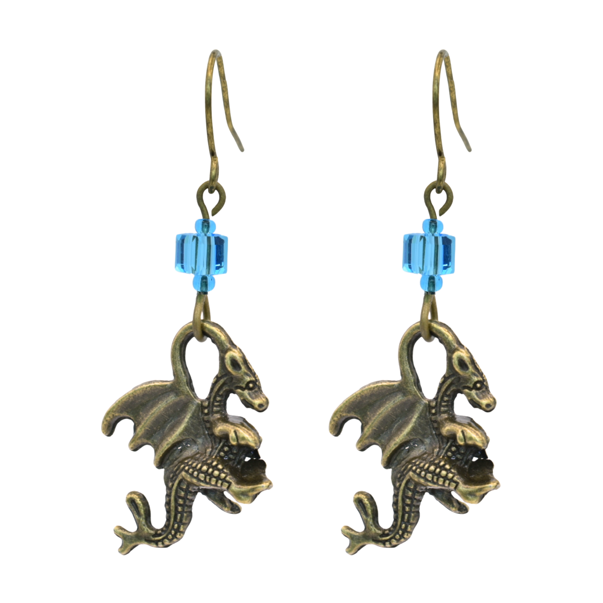 Dragon-shaped earrings with blue cube crystal beads on a white background