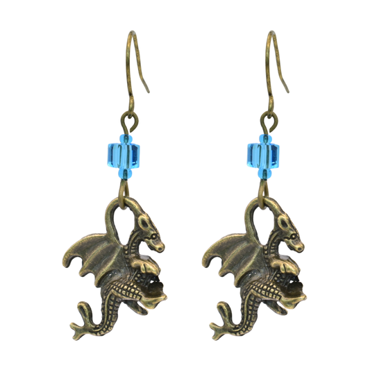 Dragon-shaped earrings with blue cube crystal beads on a white background