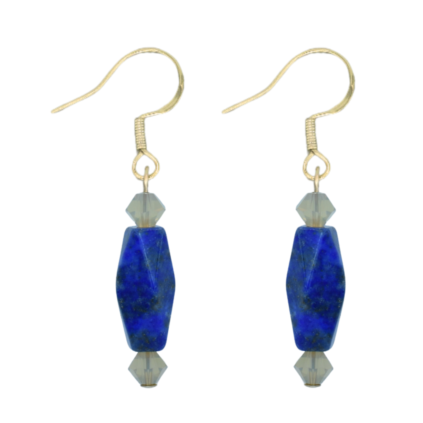 Pair of blue lapis beaded earrings with gold hooks on a white background