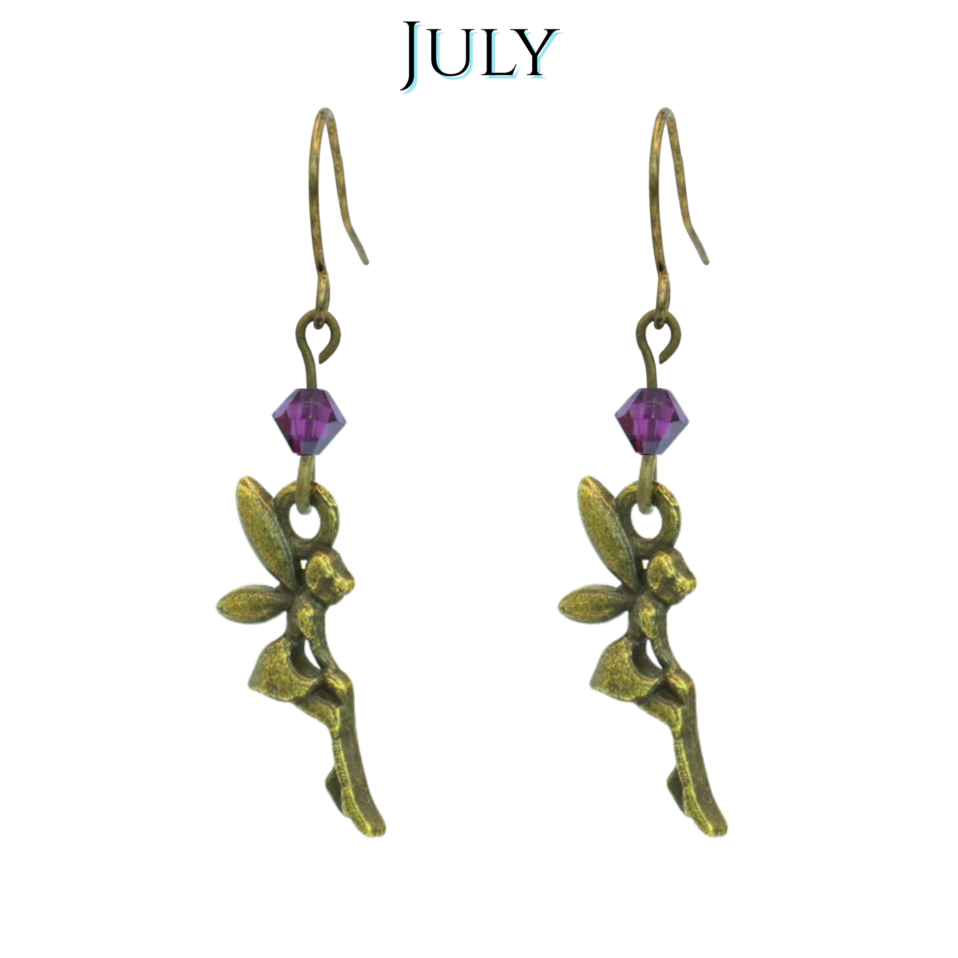 Antique gold fairy-shaped earrings with dark pink gemstones on a white background, labeled 'JULY'.