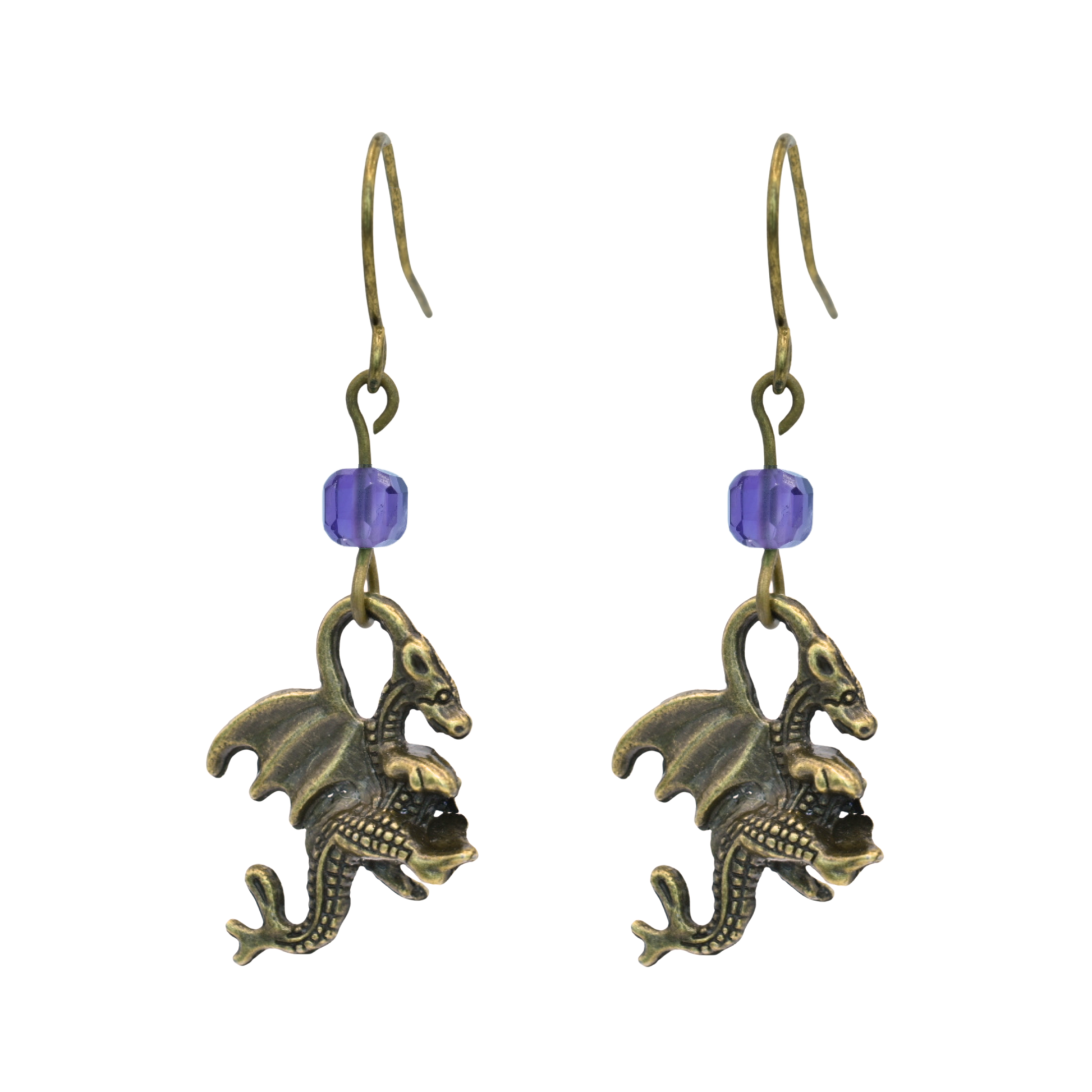 Bronze dragon earrings with purple amethyst beads on a white background