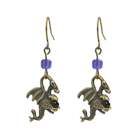 Bronze dragon earrings with purple amethyst beads on a white background