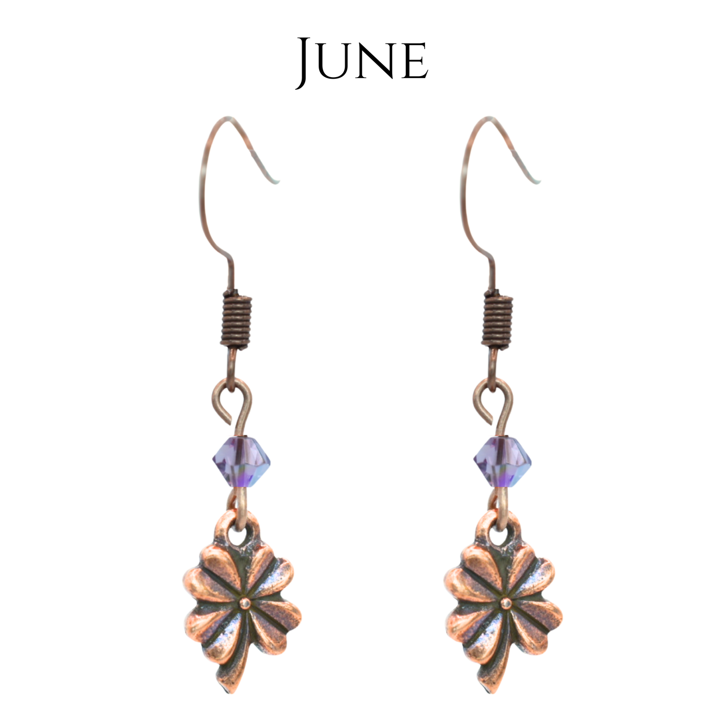 earrings featuring antique copper four leaf clover charms and Austrian crystal beads in June birthstone colors