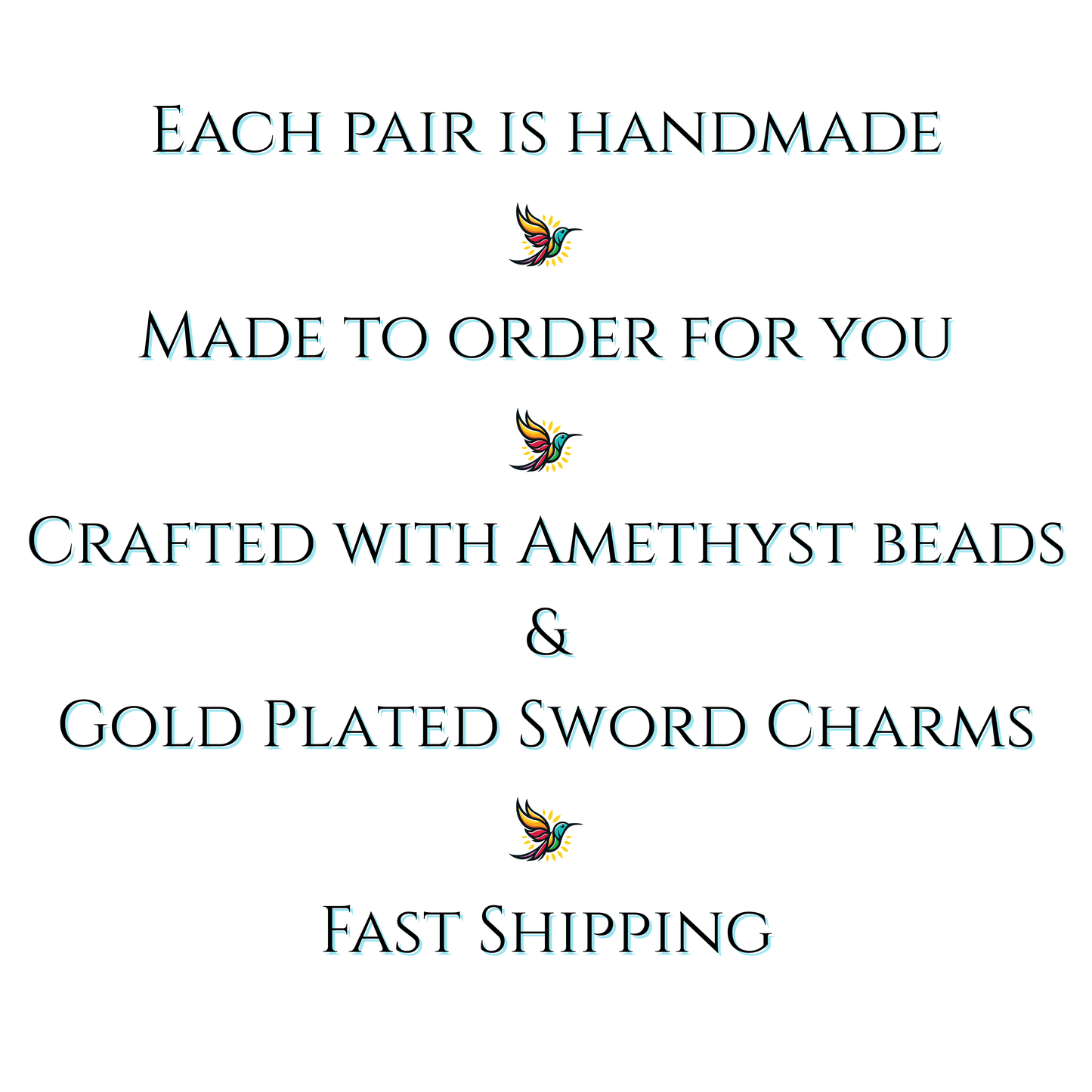 Text on a white background about handmade jewelry with amethyst beads and gold-plated sword charms, featuring sunbird icons.