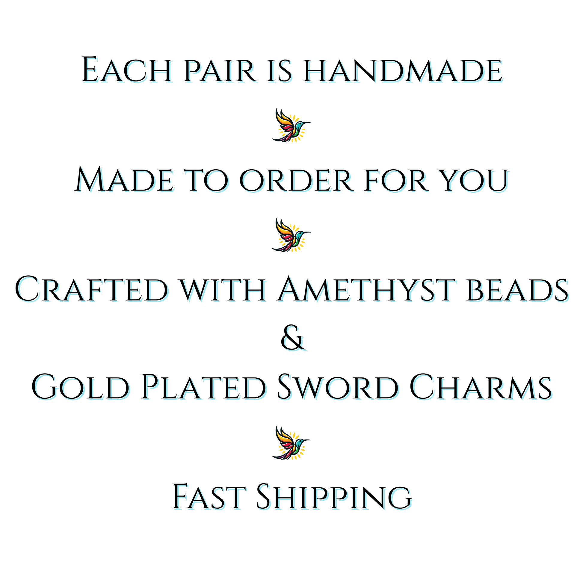 Text on a white background about handmade jewelry with amethyst beads and gold-plated sword charms, featuring sunbird icons.