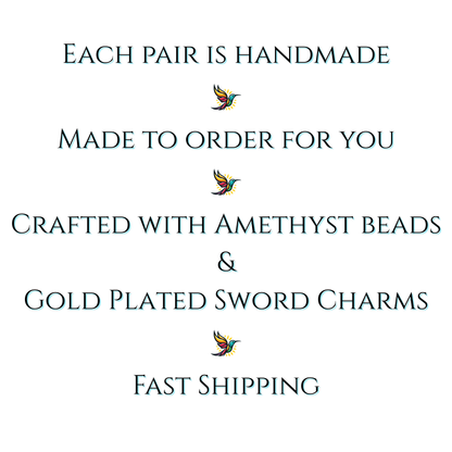 Text on a white background about handmade jewelry with amethyst beads and gold-plated sword charms, featuring sunbird icons.