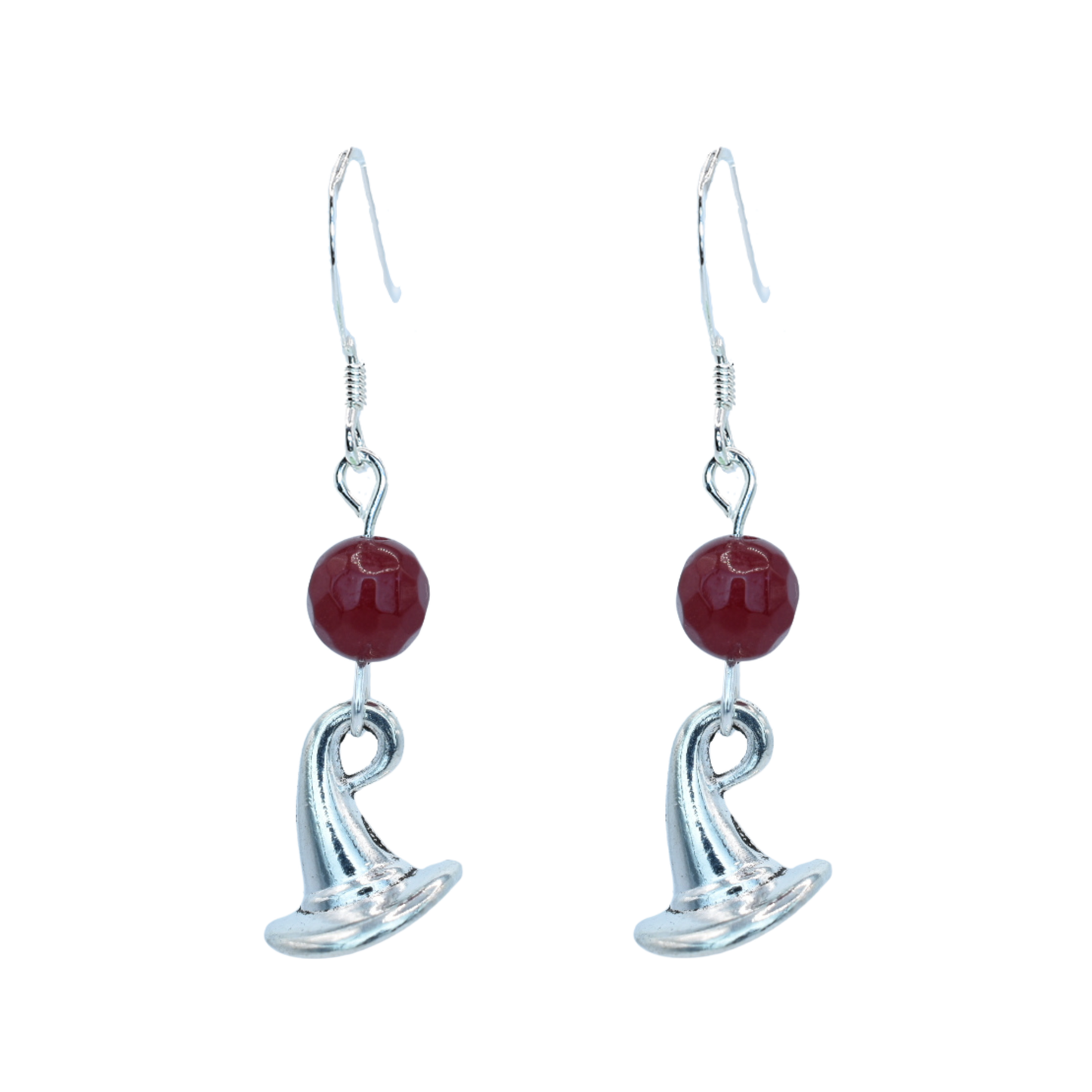 Silver earrings with ruby red jade beads and a wizard hat charm on a white background