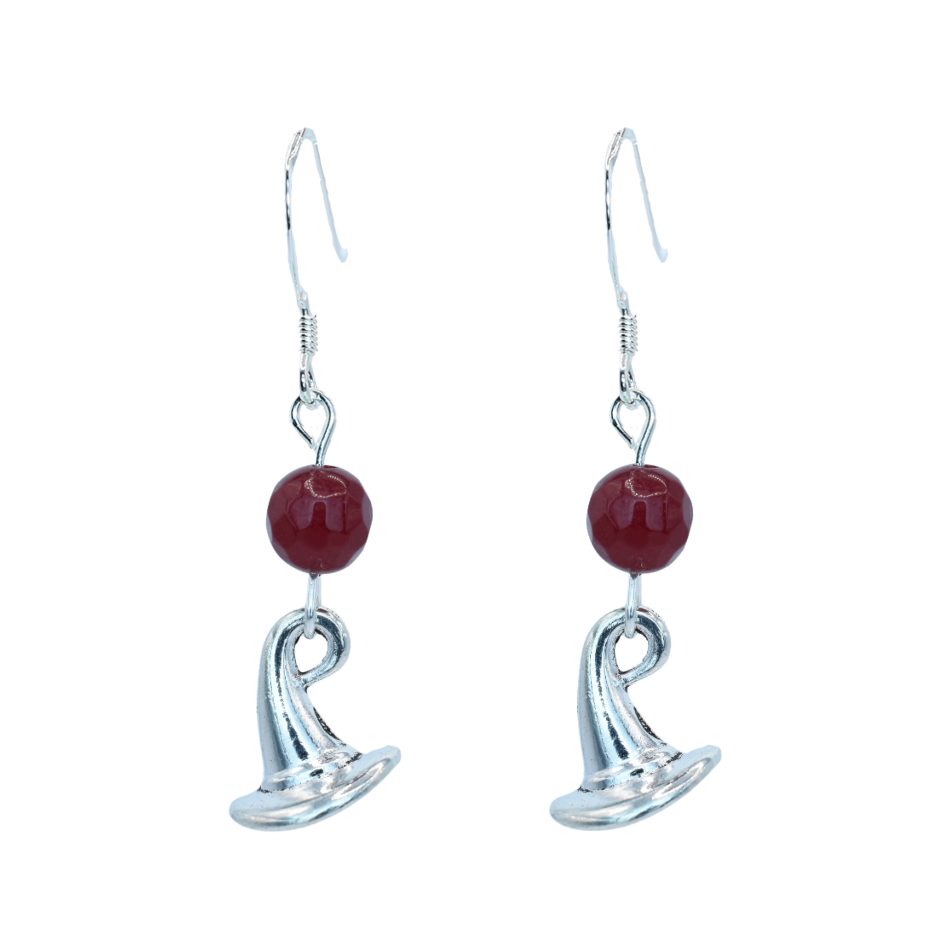 Silver earrings with ruby red jade beads and a wizard hat charm on a white background