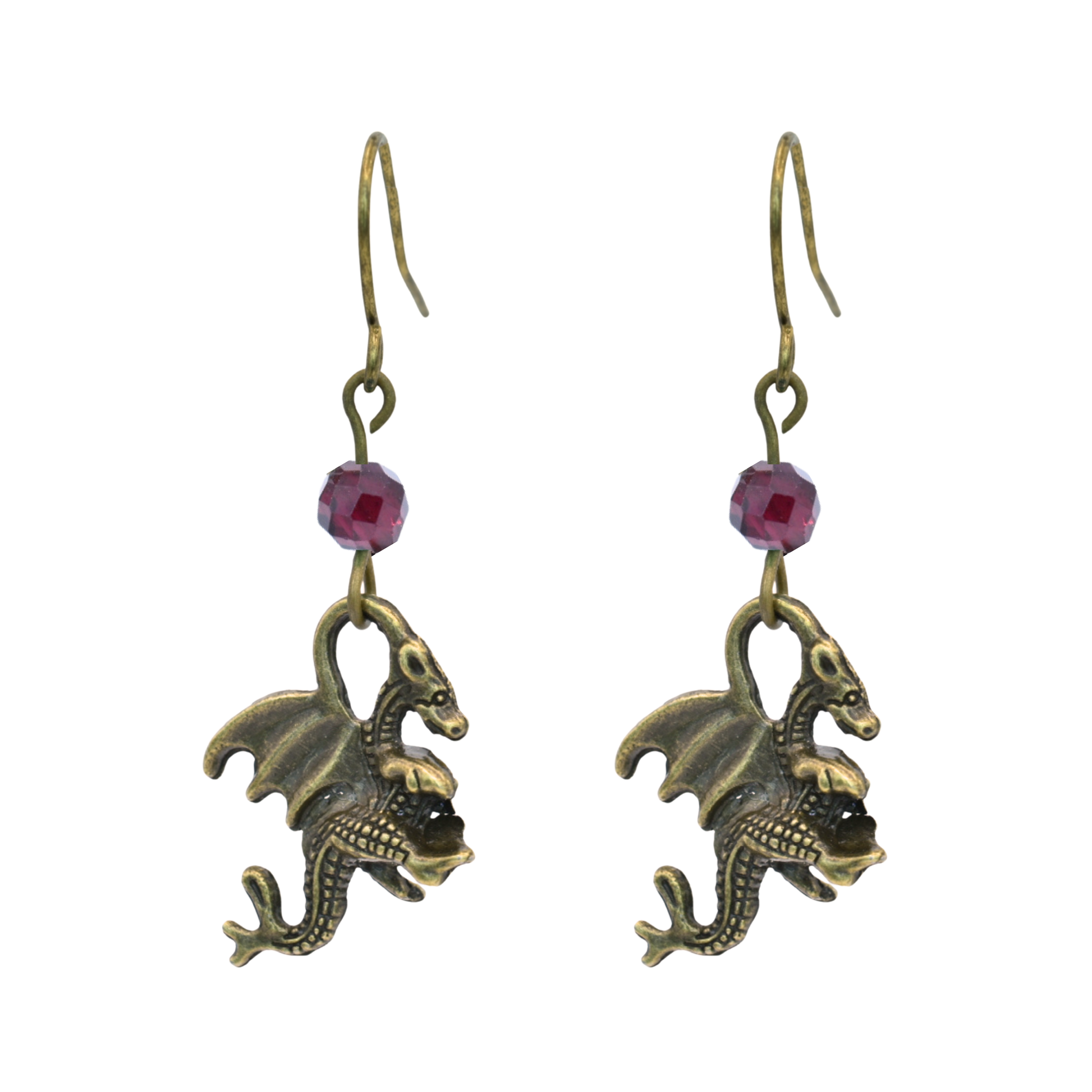 Dragon-shaped earrings with red garnet beads on a white background