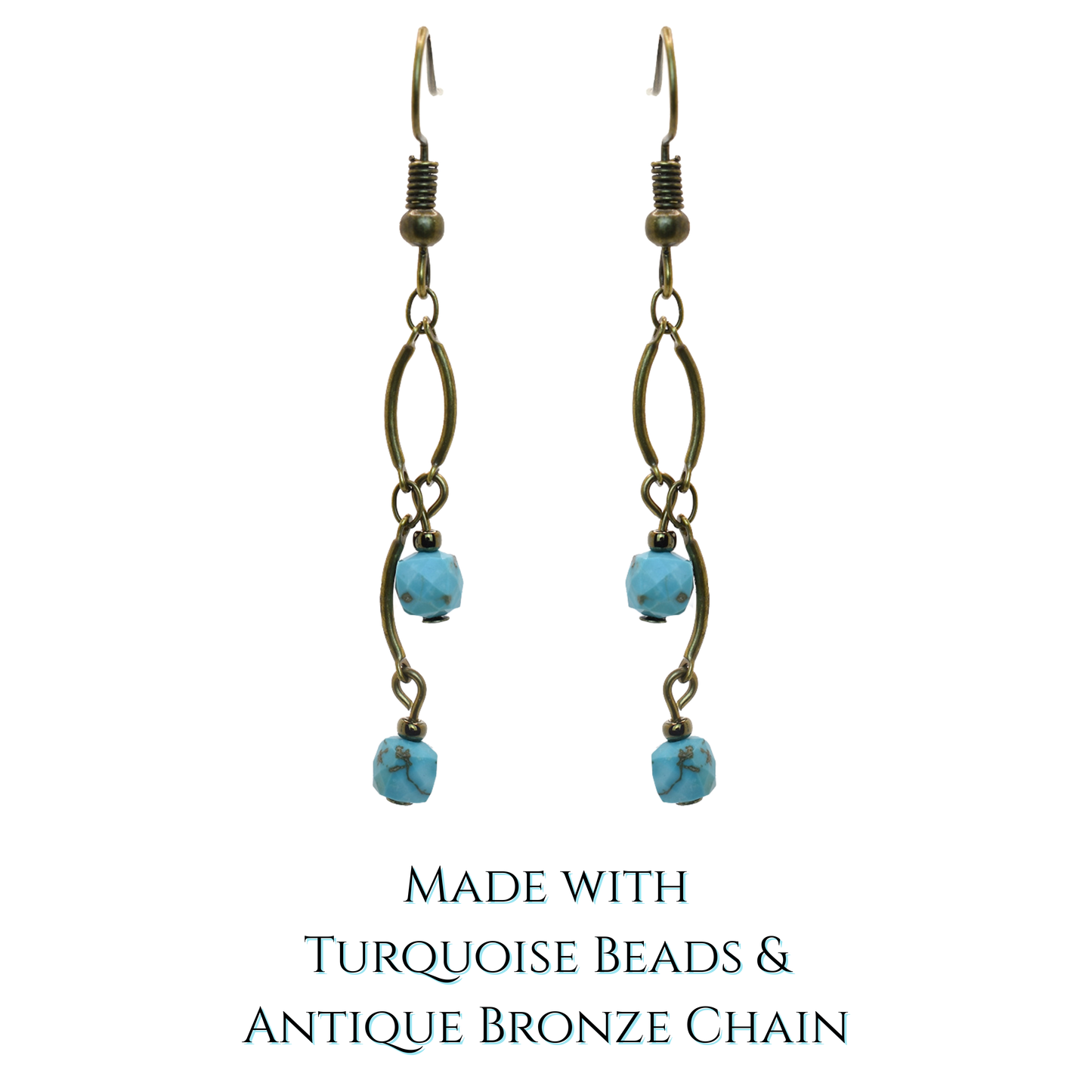 Pair of earrings with turquoise beads and antique bronze chain on a white background