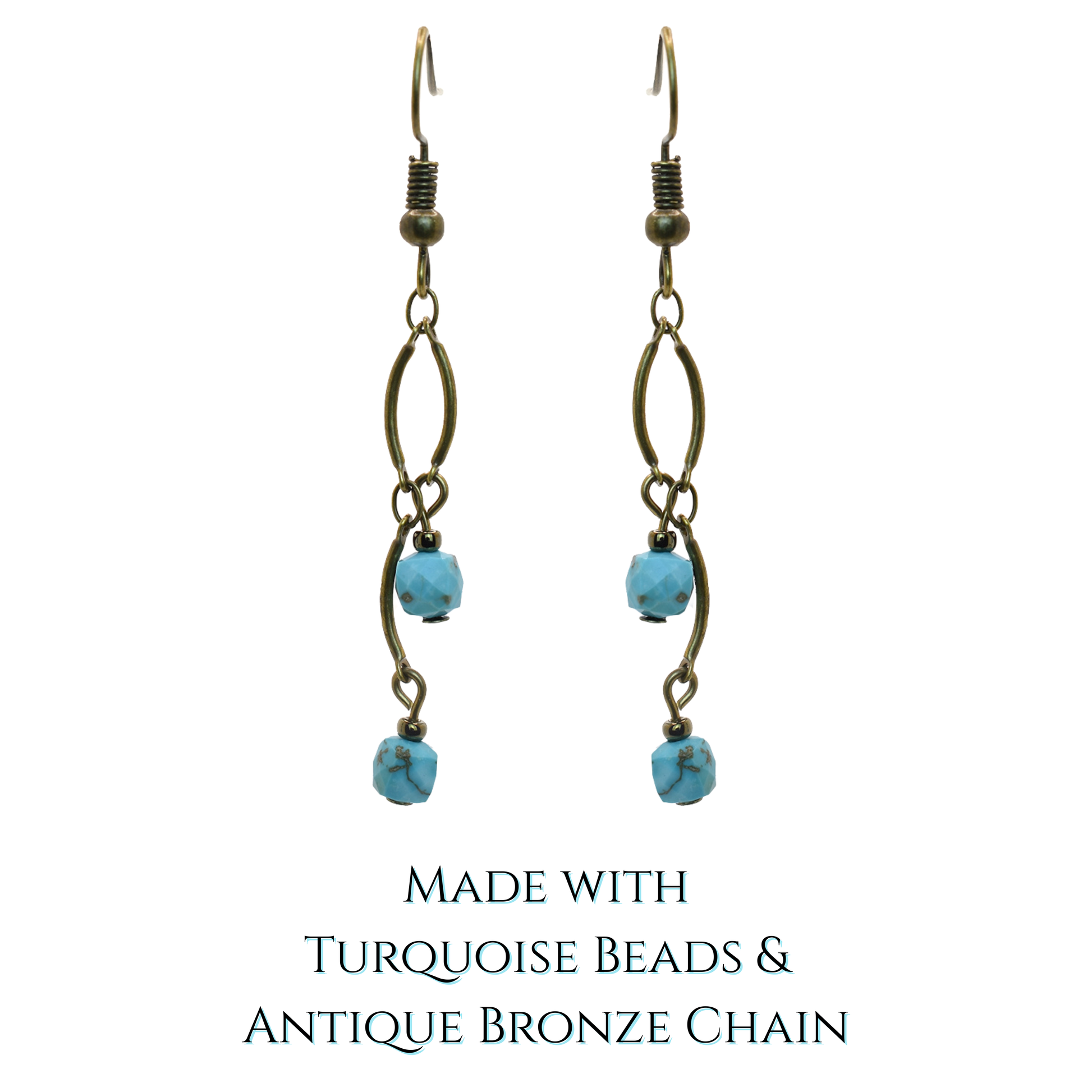Pair of earrings with turquoise beads and antique bronze chain on a white background