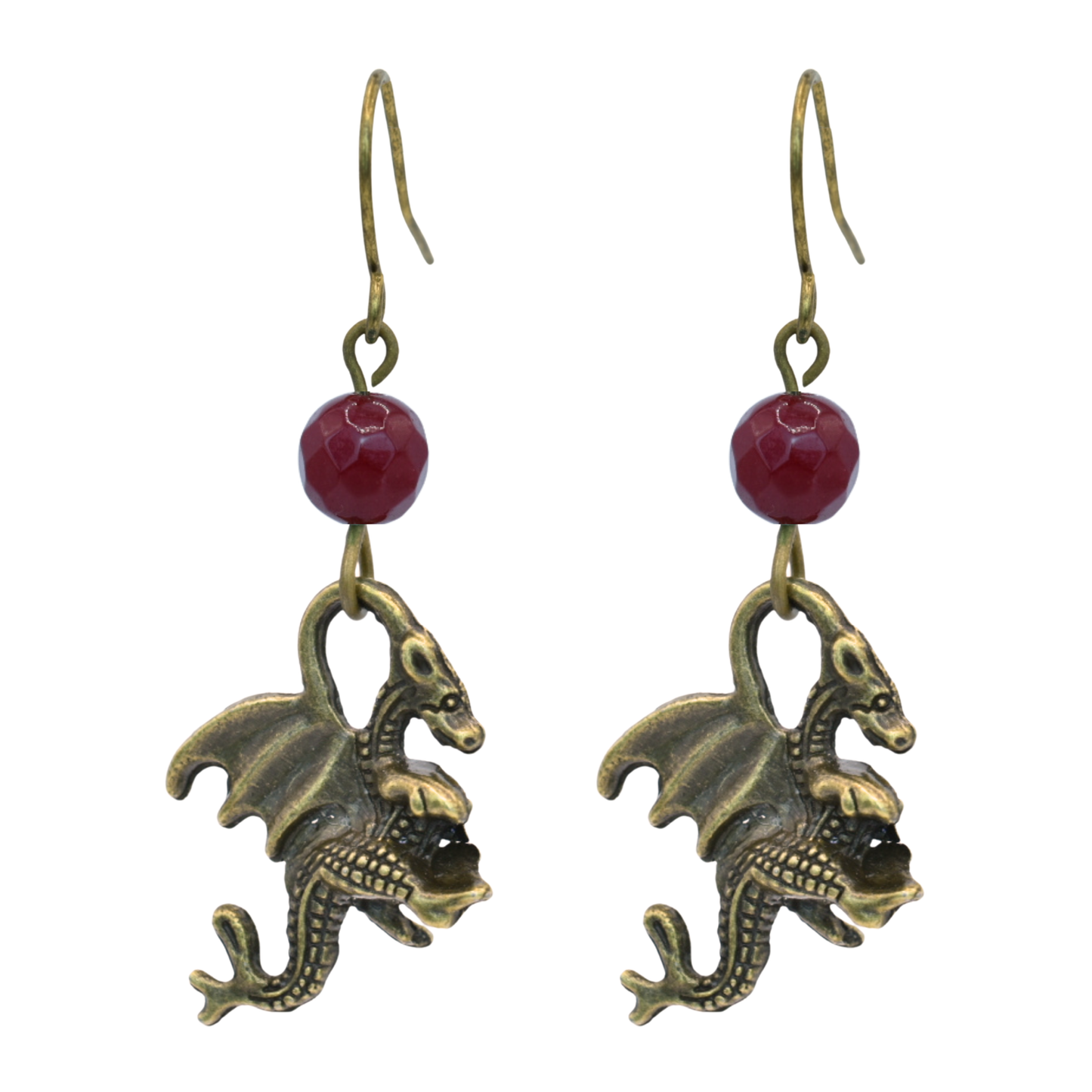 Dragon-shaped earrings with red jade beads on a white background