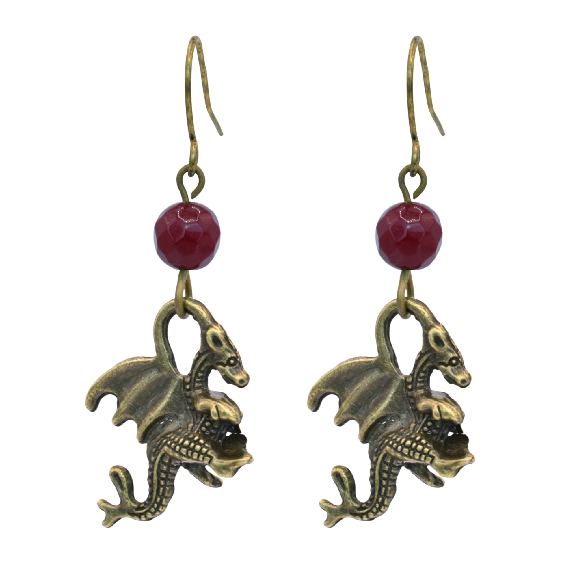 Dragon-shaped earrings with red jade beads on a white background