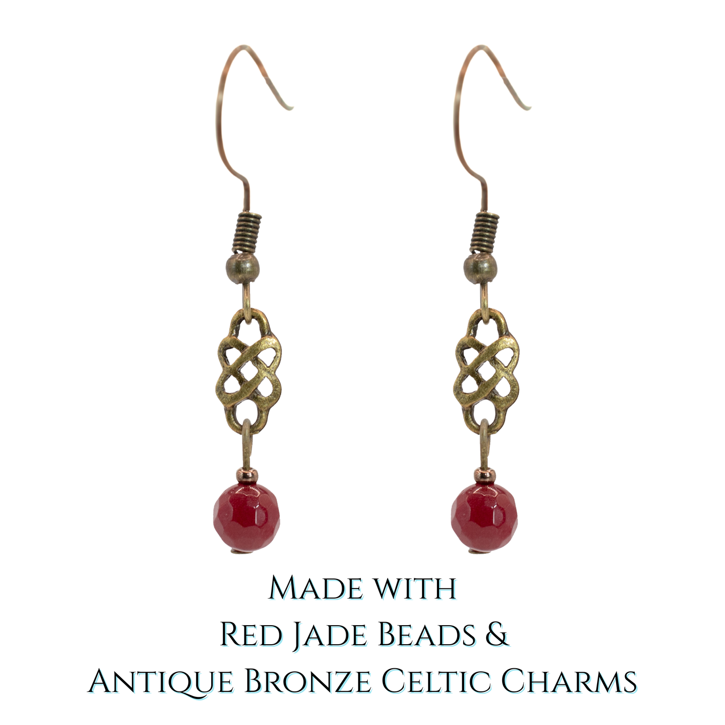 Pair of earrings with red jade beads and antique bronze Celtic charms on a white background.