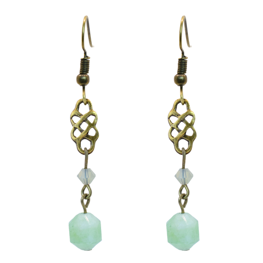 Antique Bronze earrings featuring Celtic knot charms, Austrian crystals and green quartz beads.