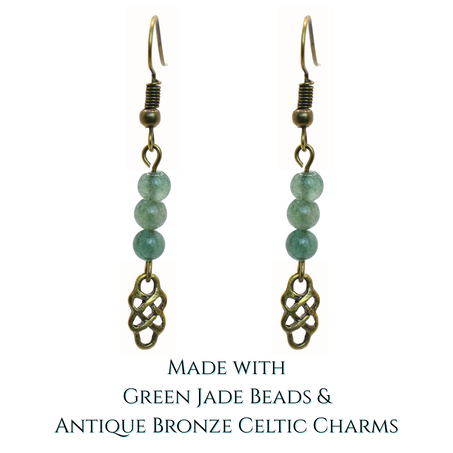 Pair of earrings with green jade beads and antique bronze Celtic charms on a white background.