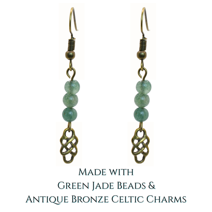 Pair of earrings with green jade beads and antique bronze Celtic charms on a white background.